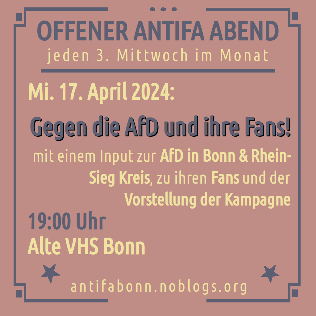Bonn: Offener Antifa Abend – „Gegen die AfD und ihre Fans“
